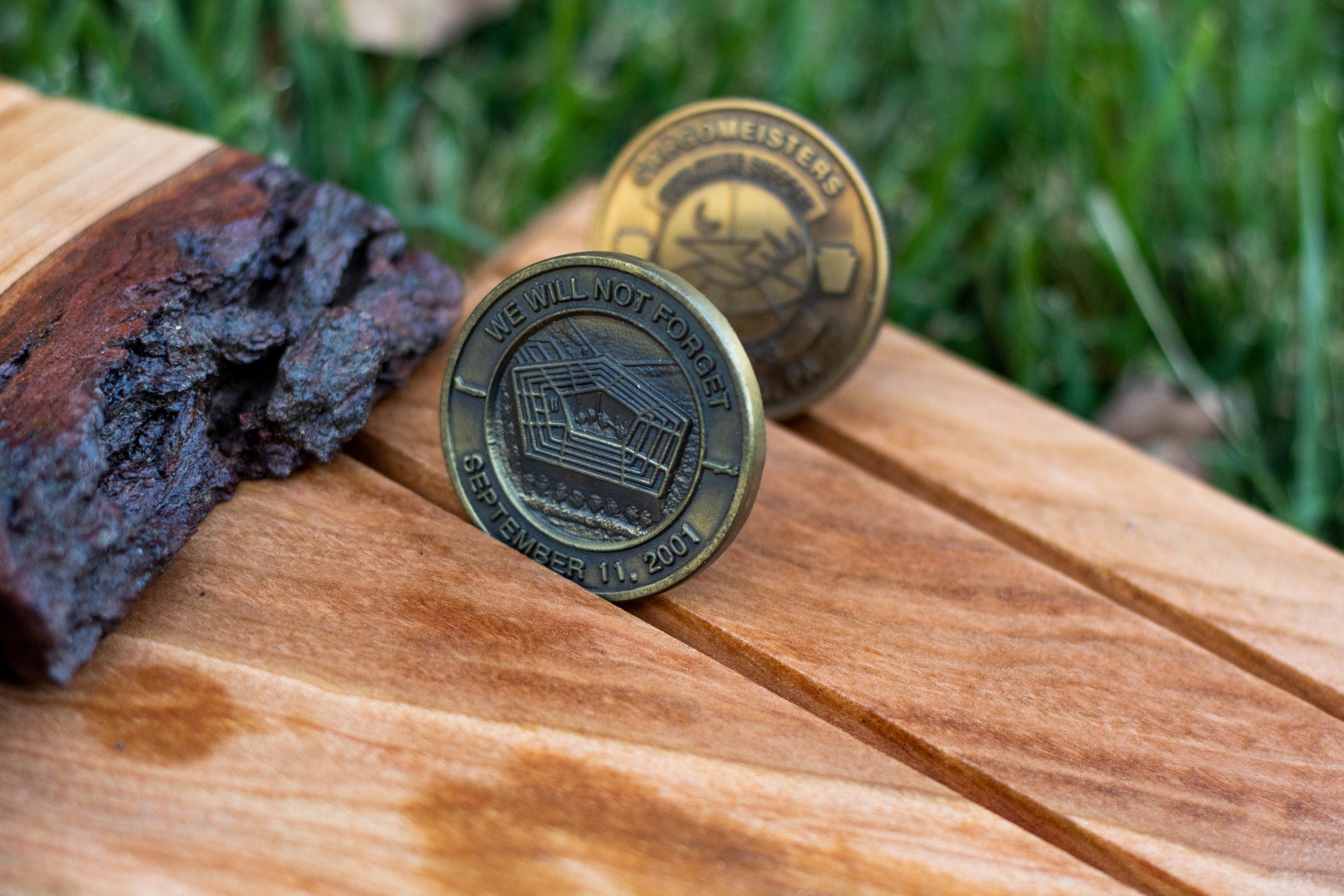 Challenge Coin / Business Card Display - 3 Lines - Live Edge Red Oak - Amethyst Ridge